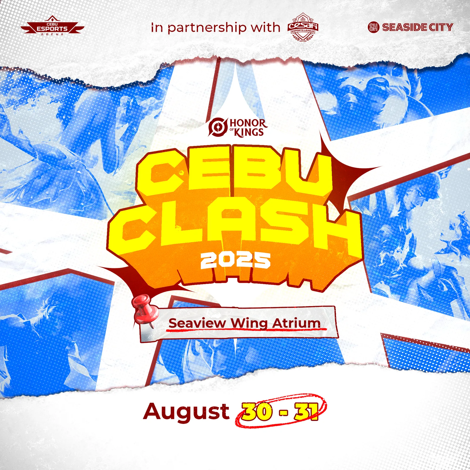 Cebu Clash 2025 event announcement with the extruded logo over blue halftone fighters