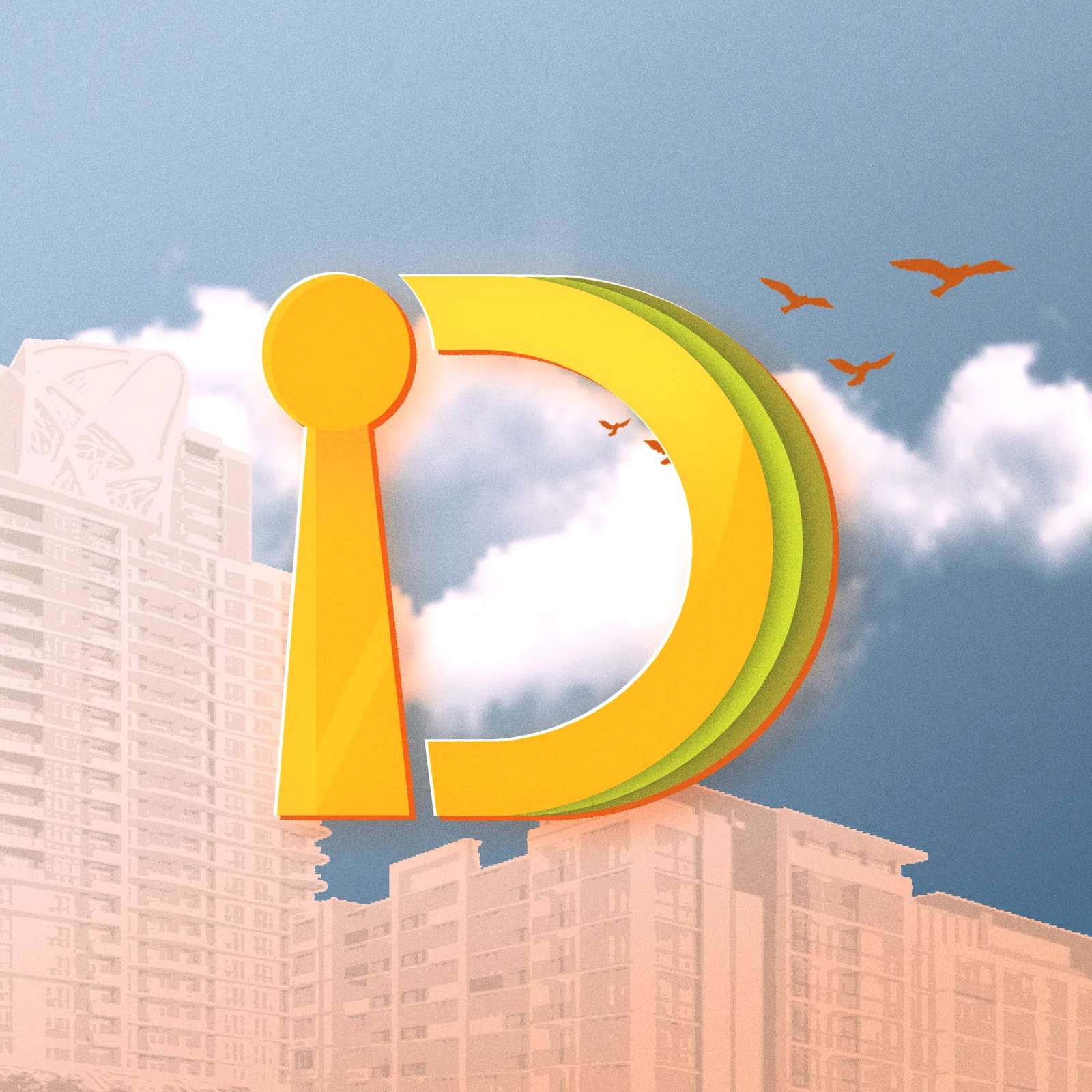 Profile image with the logo against clouds and towers