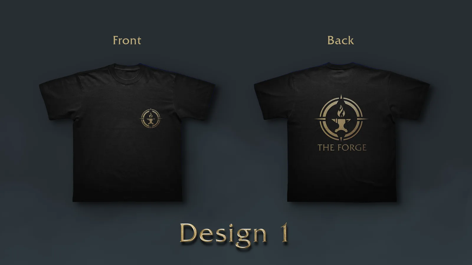 Front and back of a black shirt with the gold mark