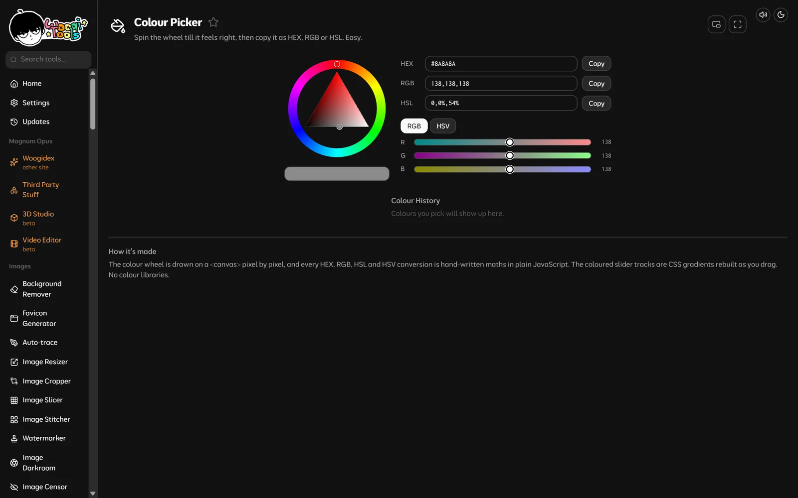 Woogi Tools colour picker with a colour wheel, HEX, RGB and HSL fields and sliders