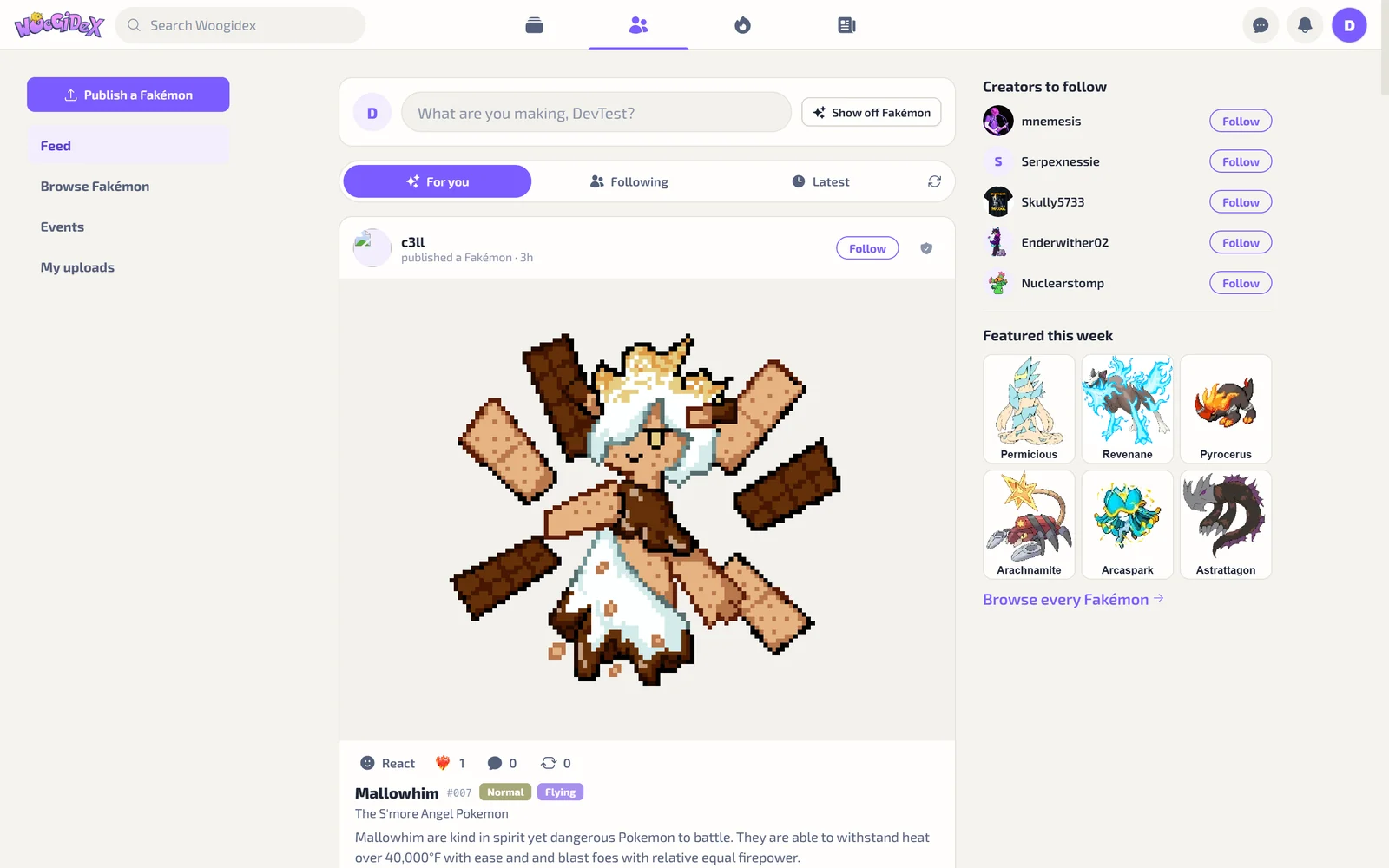Community Hub feed signed in, with a published pixel-art Fakemon, creators to follow and the featured Fakemon of the week